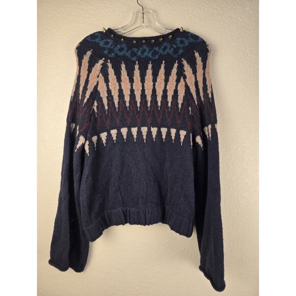 Free People Aztec Navajo Cardi Sweater Studded Zip Front Mohair Wool Blend Sz L - Picture 5 of 9